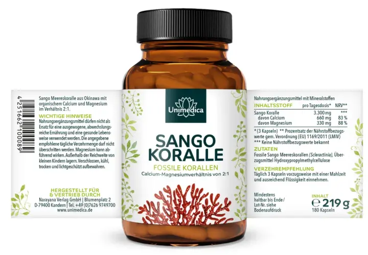 Sango Koralle Kapseln mit Calcium & Magnesium. Die Sango Koralle Wirkung wird durch das natürliche Verhältnis von 2:1 unterstützt. 180 Kapseln.