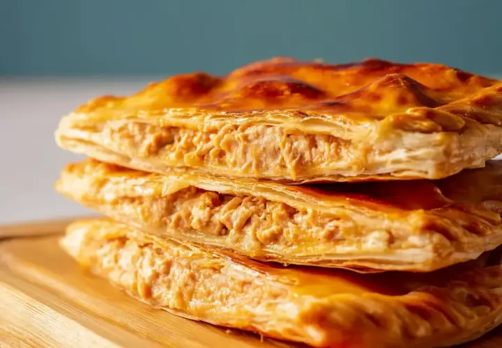 Empanada de atún dorada y crujiente, apilada en un plato de madera. El relleno de atún se ve jugoso y sabroso.