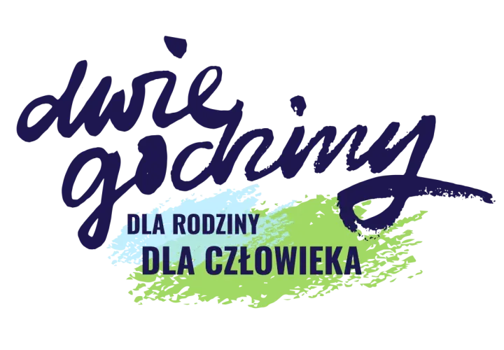 Dwie godziny dla rodziny i dla człowieka. Tę cenną chwilę podkreślają pociągnięcia pędzla w kolorach granatu, błękitu i zieleni.
