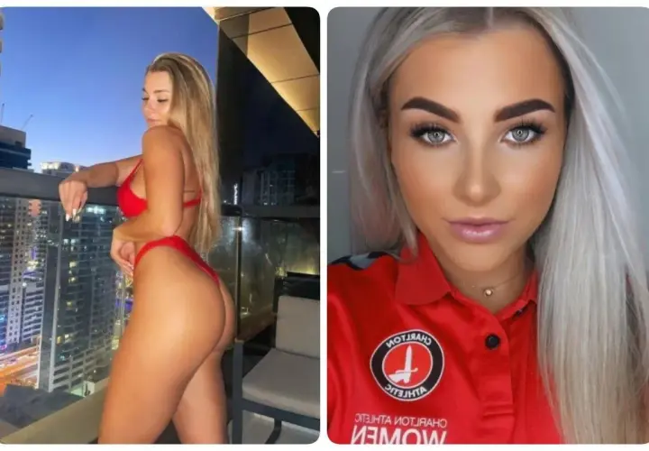 Madelene Wright w czerwonym bikini na balkonie z widokiem na miasto i Madelene Wright w czerwonej koszulce z logo Charlton Athletic.