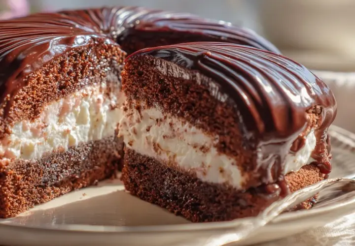 Pastel de chocolate cubierto de glaseado brillante, con relleno cremoso. ¡Un delicioso ding dong cake listo para disfrutar!
