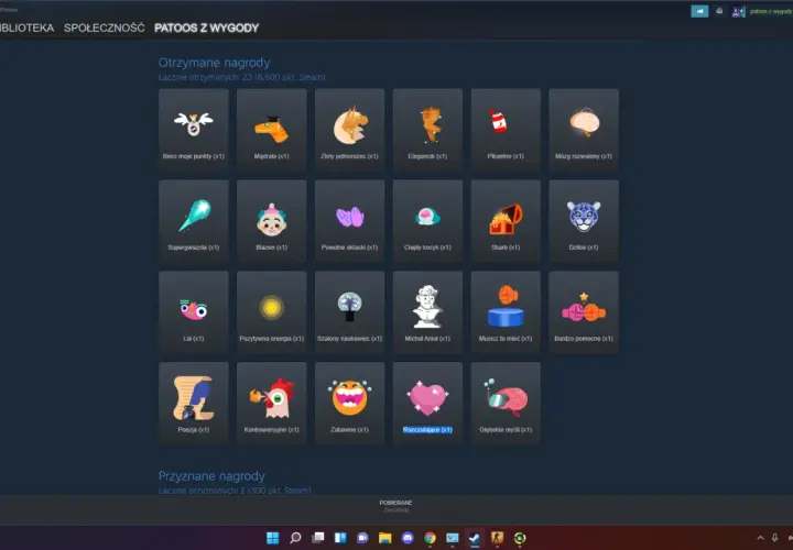 Ekran Steam z nagrodami, gdzie można zobaczyć jak kupić punkty Steam. Widoczne są różne ikony, np. zwierzęta, jedzenie, przedmioty.