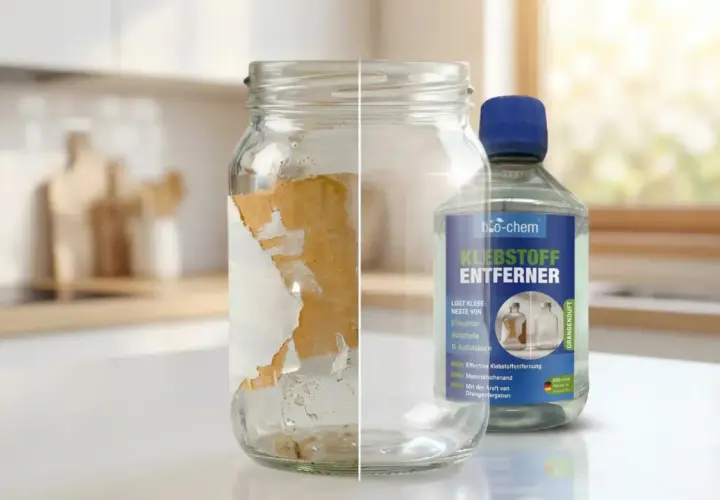 Glas mit hartnäckigen kleberesten wird durch Klebstoffentferner im Handumdrehen sauber.