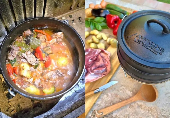 Un chaudron mijote sur un feu de bois, ses ingrédients savoureux promettant une délicieuse recette. À côté, les légumes frais et la viande attendent leur tour.