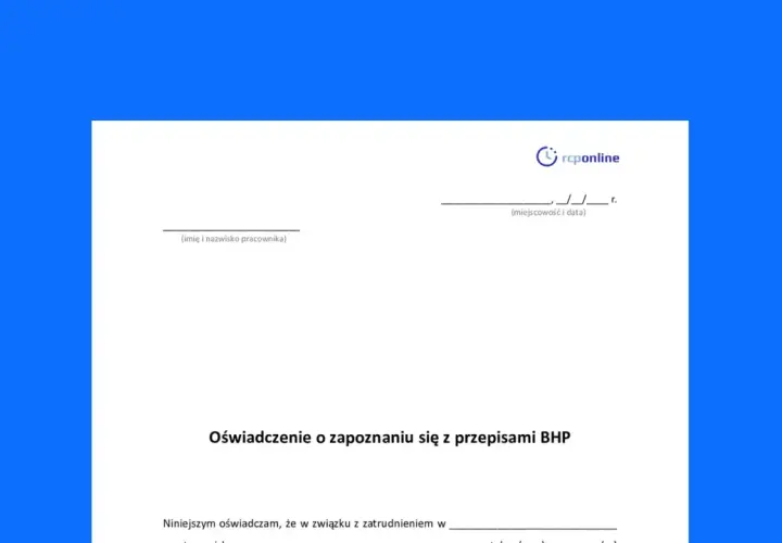 Fragment dokumentu "Oświadczenie o zapoznaniu się z przepisami BHP" z miejscem na podpis i datę.