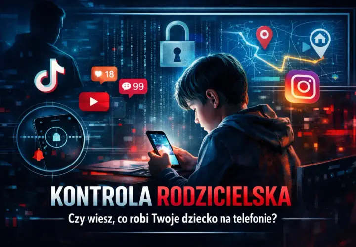 Chłopiec pochłonięty telefonem, otoczony ikonami mediów społecznościowych. Grafika symbolizuje kontrolę rodzicielską na telefonie i bezpieczeństwo dzieci w sieci.