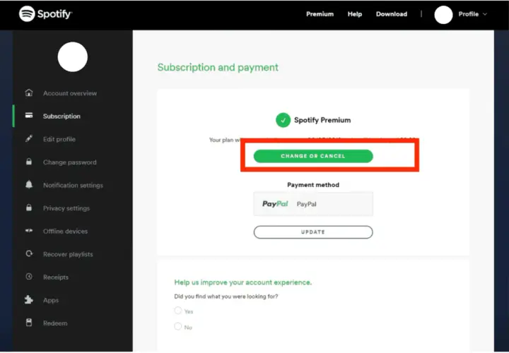 Ekran Spotify z opcją "Zmień lub anuluj" dla Spotify Premium. Kliknij, aby dowiedzieć się, jak zrezygnować ze Spotify Premium.