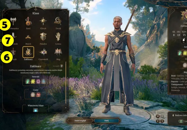 Wybór klasy Zaklinacz w Baldur's Gate III. Postać ma 4/4 sztuczek i 2/2 czarów.