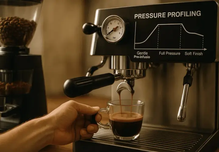 Hand hält Tasse unter Espressomaschine, die gerade einen Espresso brüht. Der sanfte Pre-infusion Prozess beginnt.