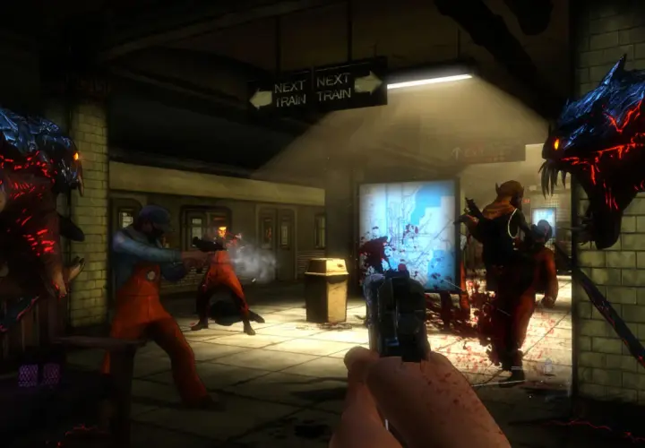 W metrze w "The Darkness 2" potwory atakują ludzi. Jeden z nich strzela do potwora.