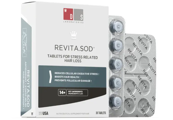 Caja y blíster de Revita.SOD, tabletas para la caída del cabello por estrés. Contiene ingredientes clave como ashwagandha para combatir la caída del pelo.