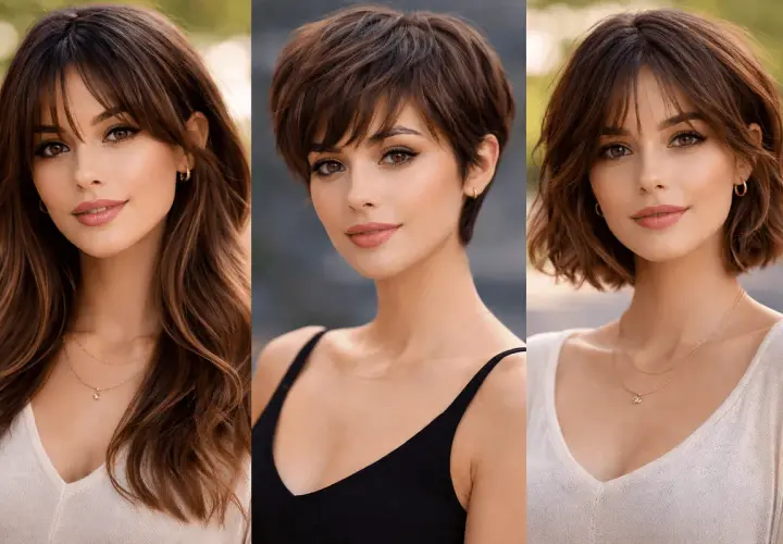 Tres cortes de pelo mujer: largo con flequillo, pixie y bob.