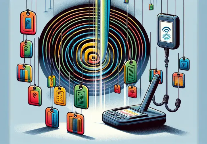 Kolorowe breloczki z symbolami, czytnik i smartfon. Wszystko to symbolizuje technologię kod rfid, która ułatwia identyfikację i śledzenie.