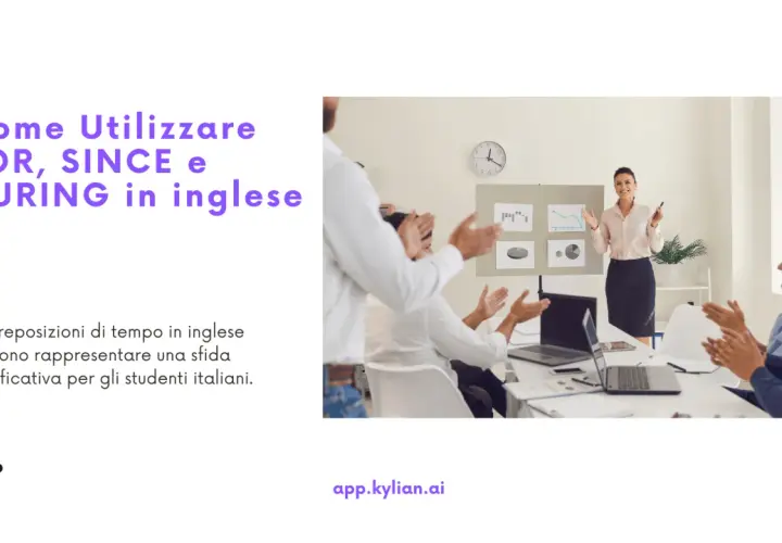 Presentazione su come usare FOR, SINCE e DURING in inglese. Un gruppo applaude una relatrice che spiega concetti di tempo.