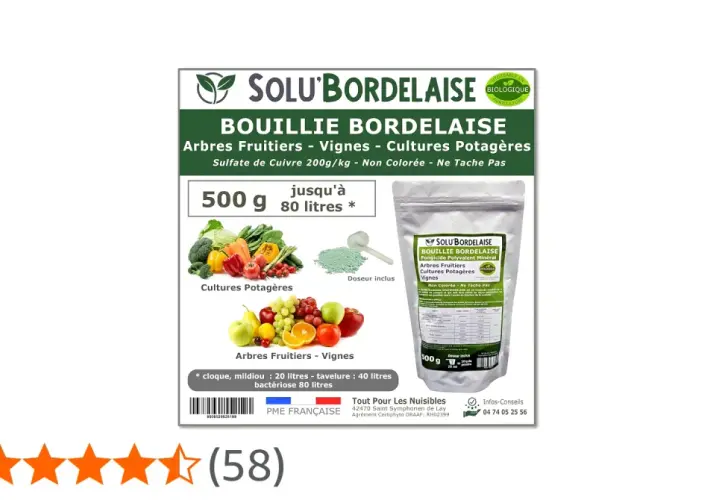 Bouillie bordelaise pour poirier et autres cultures. Protège contre cloque, mildiou et bactériose. 500g pour 80 litres.