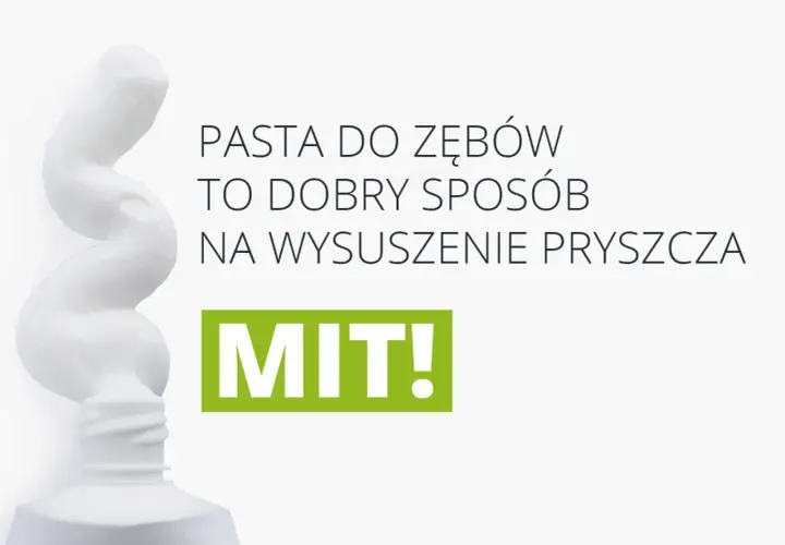 Wytłoczona z tubki biała pasta do zębów w kształcie spirali, obok napisu "MIT!".