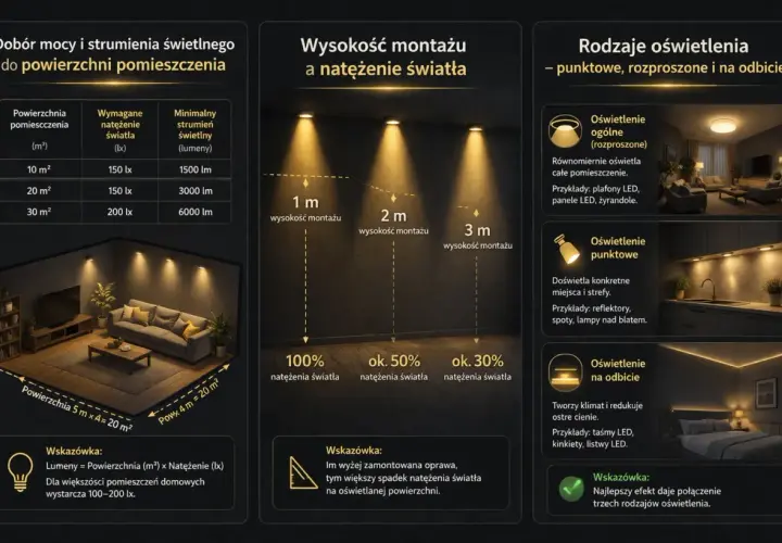 Dobór mocy i strumienia świetlnego (lumenów) do powierzchni pomieszczenia. Tabela pokazuje, ile lumenów potrzeba na 10, 20 i 30 m².