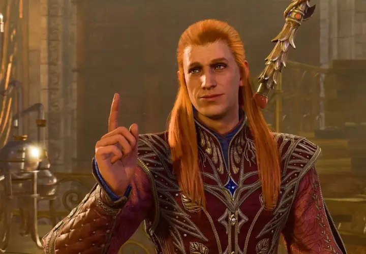 Rudowłosy elf z Baldur's Gate 4 podnosi palec, jakby coś wyjaśniał. W tle widać alchemiczny sprzęt.