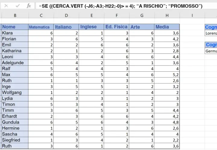 Foglio Excel con voti studenti. La formula "=SE(CERCA.VERT...)" indica che il file Excel è troppo pesante per essere elaborato.