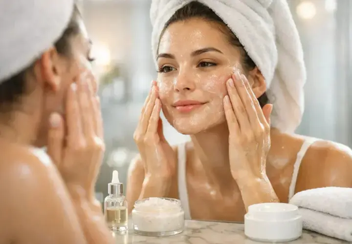 Une femme applique un exfoliant sur son visage, devant un miroir. Des produits de soin sont disposés sur le lavabo.