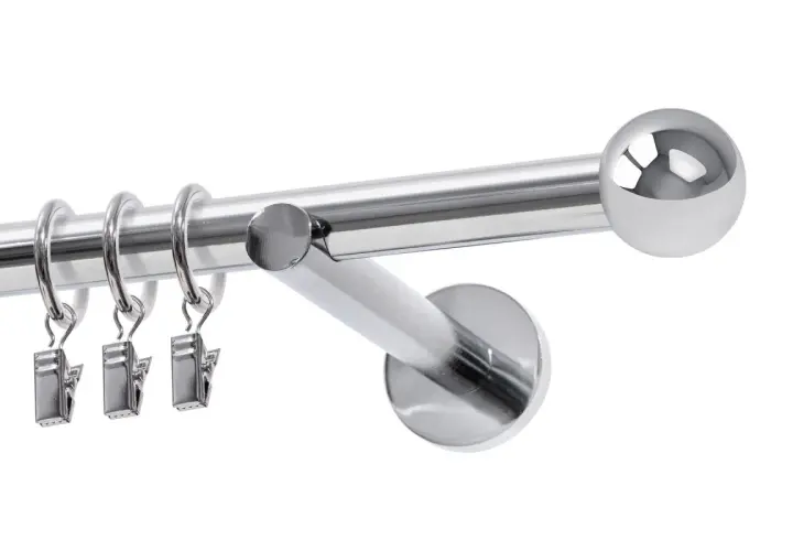 Elegancki karnisz metalowy pojedynczy z kulistą końcówką i czterema klipsami do zasłon.