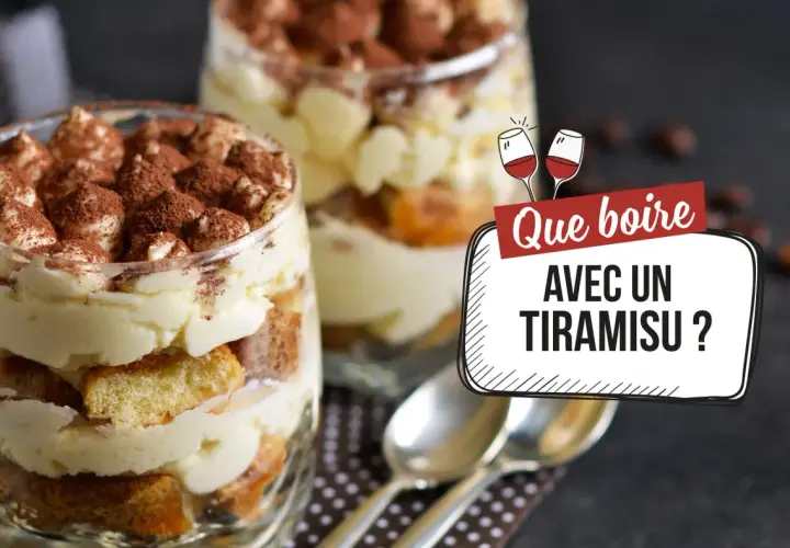 Deux verres de tiramisu, parsemés de cacao, invitent à découvrir que boire avec un tiramisu. Des cuillères attendent patiemment.
