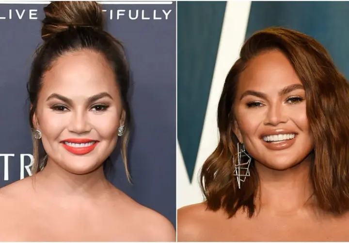 Chrissy Teigen med olika frisyrer och sminkningar. Hon ser ut att ha lyckats bli av med fett i ansiktet.