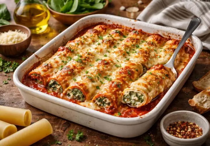 Délicieuse recette cannelloni au four, gratinés et garnis d'épinards et de ricotta. Un plat réconfortant prêt à être dégusté.
