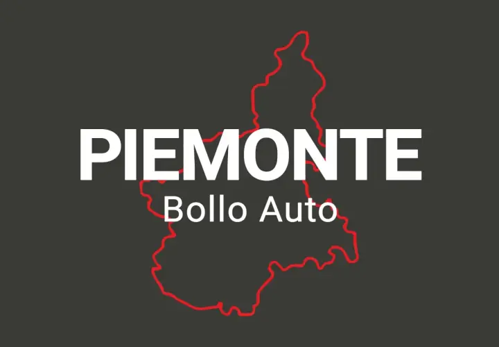 Contorno rosso del Piemonte con testo bianco "PIEMONTE" e "Bollo Auto".