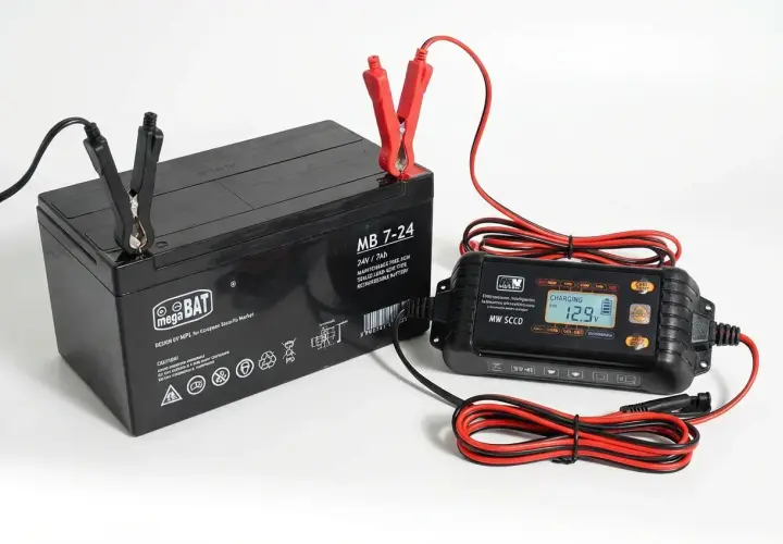 Ładowarka MW SCCD podłączona do akumulatora Mega Bat. Wyświetlacz pokazuje 12.9V, co pozwala ocenić, ile wytrzymuje akumulator.
