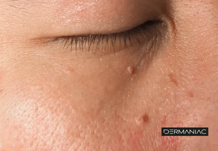 Primer plano de la piel con varias verrugas en la cara, algunas cerca del ojo.