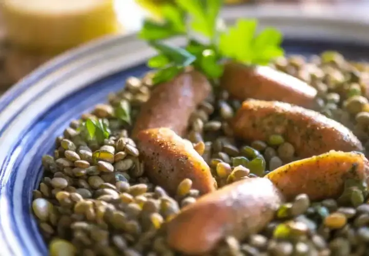 Un plat de lentilles saucisses, garni de persil frais, servi dans une assiette bleue et blanche.