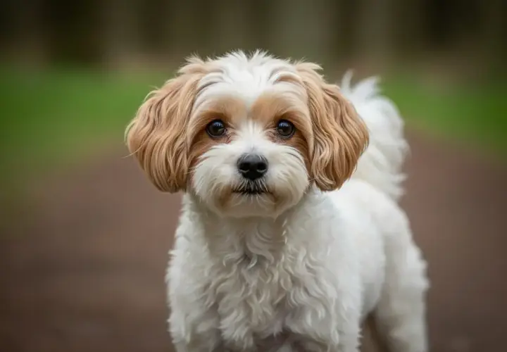 Ein Maltipoo, ein süßer Hund mit weißem und braunem Fell, blickt neugierig in die Kamera.
