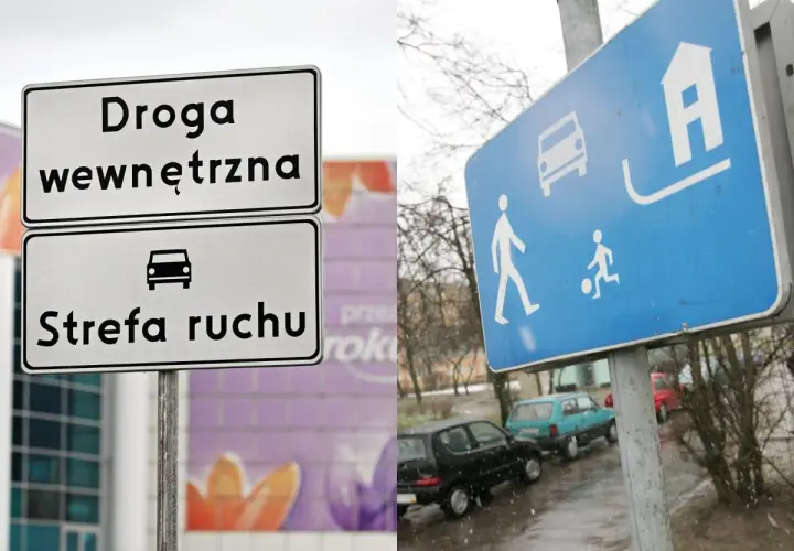 Znaki drogowe informują o wjeździe do strefy ruchu. Widać symbol samochodu, pieszych i domku.