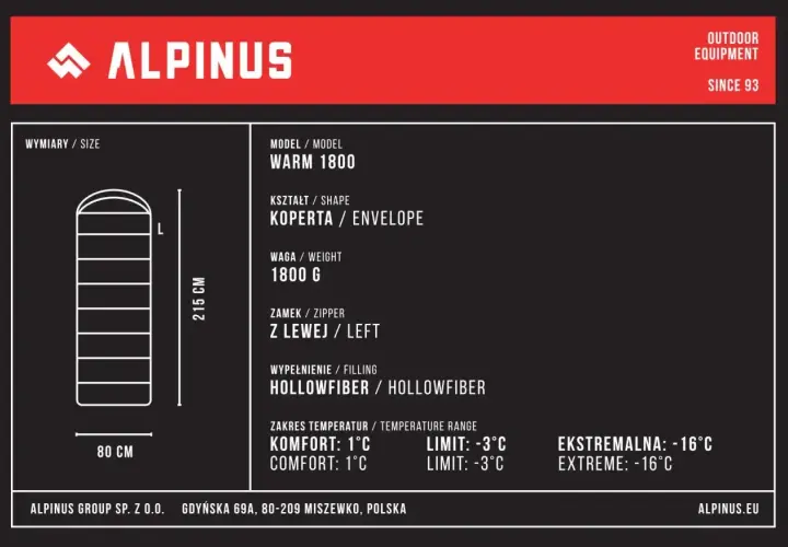 Śpiwór Alpinus Warm 1800, kształt koperty, 215 cm długości. Zakres temperatur komfortu to 1°C.