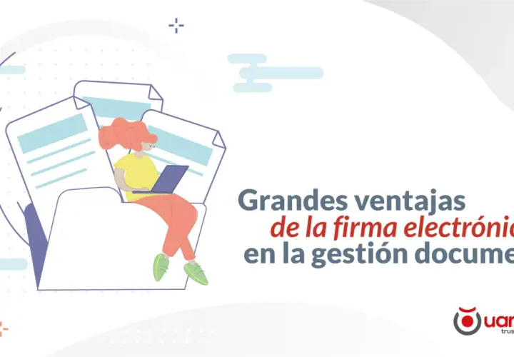 Mujer con laptop gestiona documentos firmados digitalmente, destacando las ventajas de la firma electrónica.