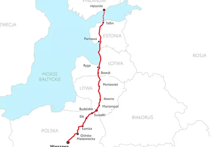 Mapa trasy Baltic Sea Trans Złotów przez Polskę, Litwę, Łotwę, Estonię i Finlandię.