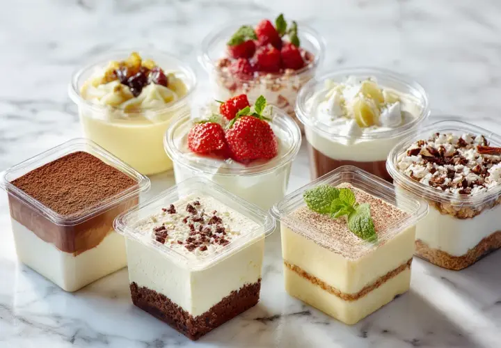 Różnorodne desery w opakowaniach na monoporcje: tiramisu, mus czekoladowy, sernik, jogurt z owocami i inne słodkości.