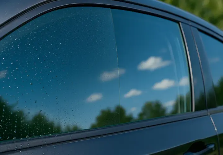 Gocce d'acqua sul vetro dell'auto, un invito a pulire vetri per un cielo terso e riflessi perfetti.