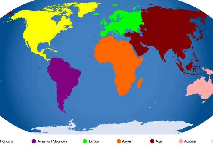Kolorowe kontynenty na globusie: żółty - Ameryka Północna, fioletowy - Ameryka Południowa, zielony - Europa, pomarańczowy - Afryka, czerwony - Azja, różowy - Australia.
