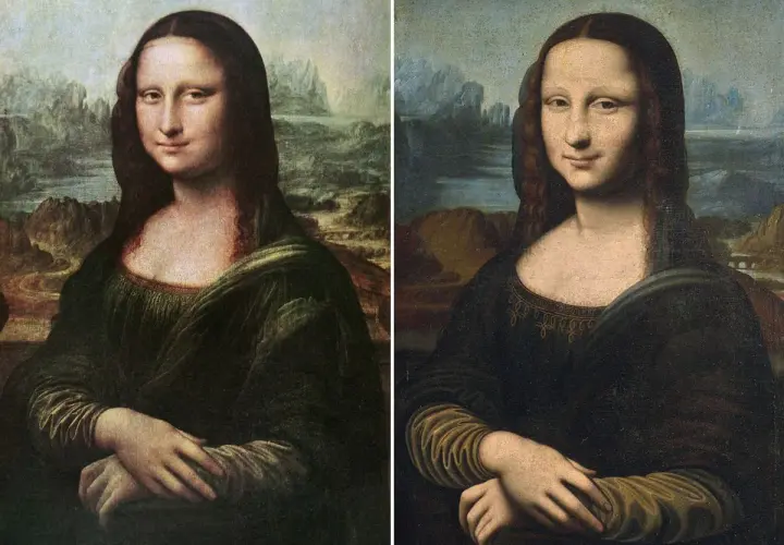 Zwei Mona Lisa-Gemälde nebeneinander, die Unterschiede in Farbe und **Mona Lisa Größe** zeigen.