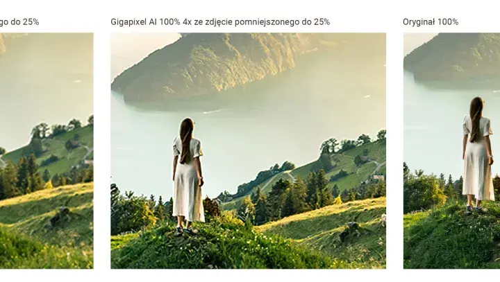 Kobieta w białej sukience na tle górskiego krajobrazu. Porównanie jakości obrazu po obróbce w Photoshopie i Gigapixel AI z oryginałem.