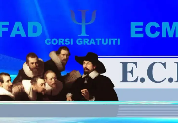 Gruppo di uomini in abiti storici, con testo "FAD" e "ECM" e simbolo psicologico. Corsi gratuiti ECM per psicologi.