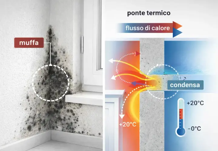 Muffa su un muro causata da un ponte termico. Il diagramma mostra il flusso di calore e la condensa dovuti a un isolamento termico insufficiente.