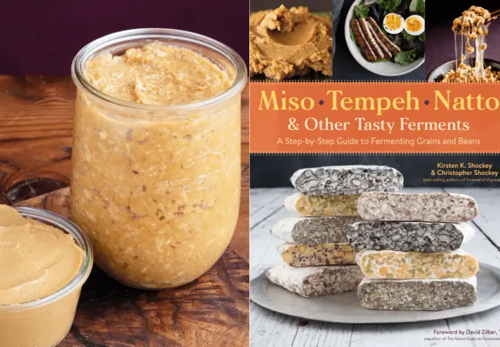 A jar of homemade miso paste next to a cookbook titled "Miso, Tempeh, Natto & Other Tasty Ferments," showcasing a variety of fermented foods.