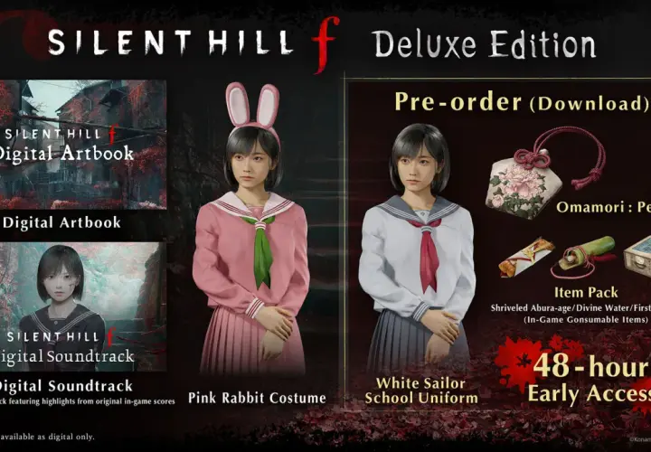 Edycja Deluxe Silent Hill f oferuje cyfrowy artbook, ścieżkę dźwiękową, strój różowego królika, biały mundurek szkolny, omamori, pakiet przedmiotów i 48-godzinny wczesny dostęp.