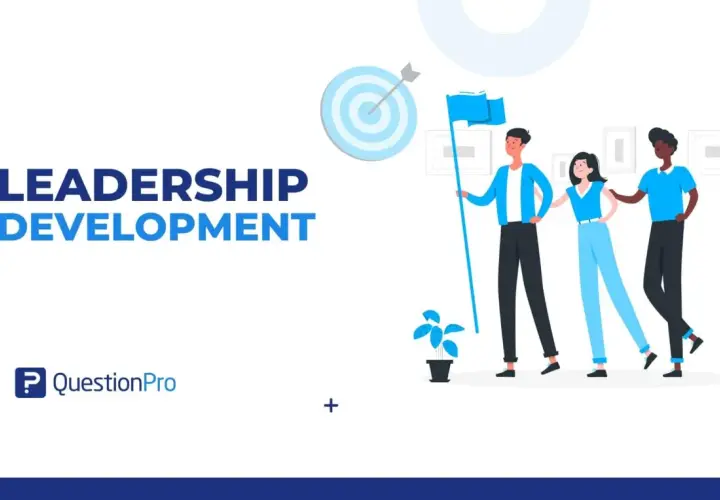 Illustration for leadership development: a team holding a flag, with a target in the background.