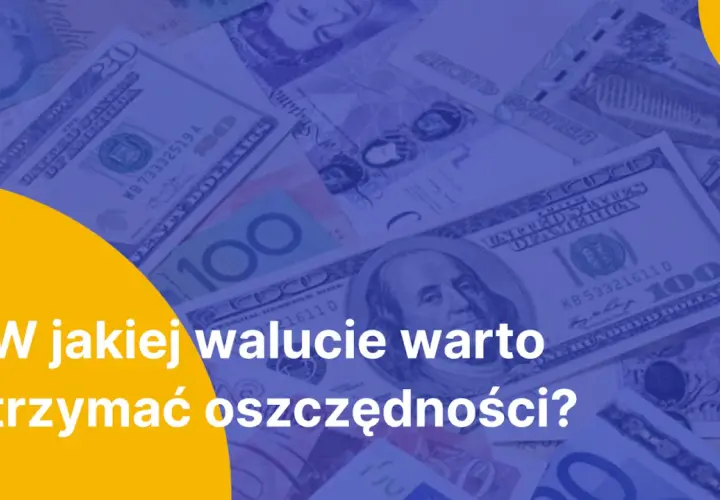 Stos banknotów, w tym dolarów amerykańskich, z pytaniem "W jakiej walucie warto trzymać oszczędności?". Czy warto kupować dolary?