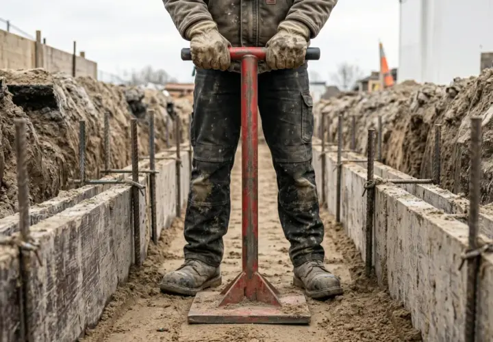 Robotnik używa ubijaka do ziemi, przygotowując wykop pod fundamenty.