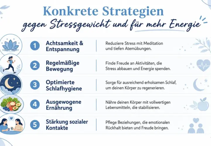 Strategien gegen Stressgewicht: Achtsamkeit, Bewegung, Schlaf, Ernährung & soziale Kontakte für mehr Energie.